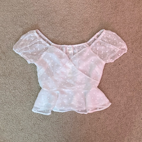 Dee Elly Tops - White Wrap Ruffled Peplum Blouse Short Sleeve
